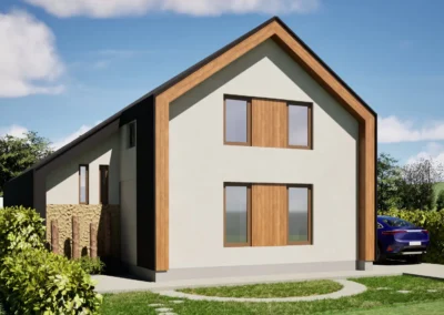 Moderne biobased gezinswoning met stro isolatie in Apeldoorn – voorgevel met houten kap en natuurlijke materialen