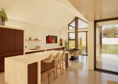 Biobased gezinswoning met stro isolatie in Apeldoorn – woonkeuken met vide en grote glaspartij naar de tuin