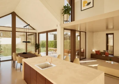 Interieur van biobased stro woning in Apeldoorn met open leefruimte, vide en houten kozijnen