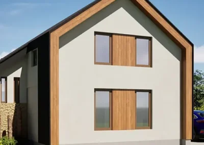 Moderne biobased gezinswoning met stro isolatie in Apeldoorn – voorgevel met houten kap en natuurlijke materialen - Vierkant